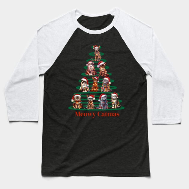 Meowy Catmas Cat Christmas Tree Xmas Funny Santa Baseball T-Shirt by Positive Designer